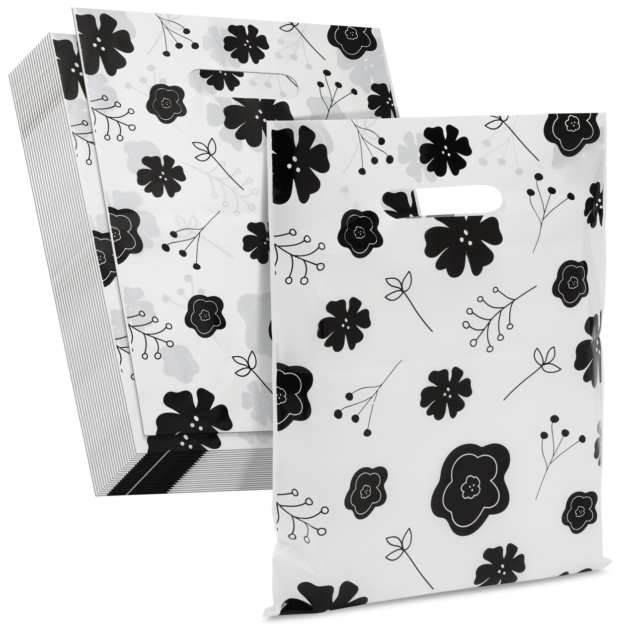 100 Pack 9x12 Small Merchandise Bags for Boutique, Black Flowers Shopping Bags with Handles for Retail